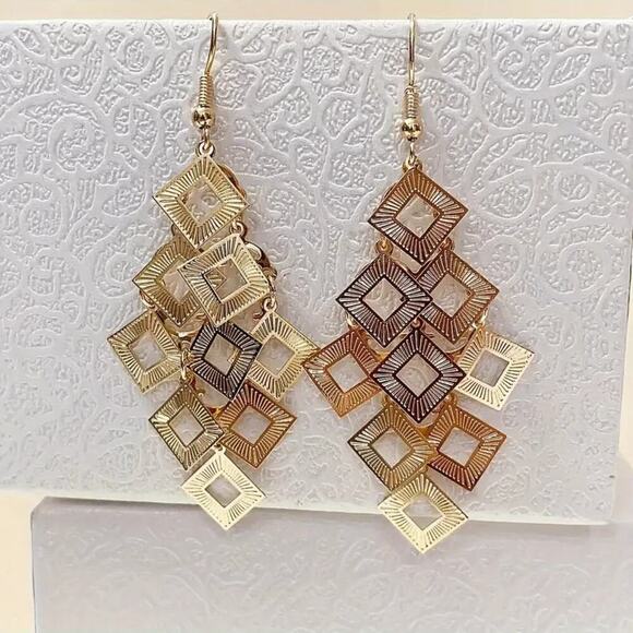 NEW Gold Dangle Earrings – Boho Chic Square Tassel with Hollow Out Design - Picture 2 of 4